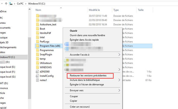 Restaurer les fichiers à partir des versions précédentes sur Windows