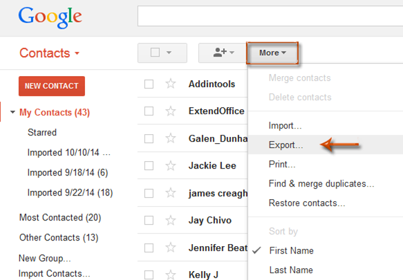 exporter contacts gmail