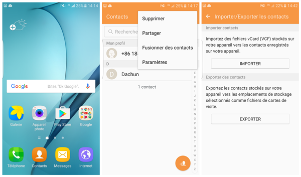 importer exporter contacts sur android