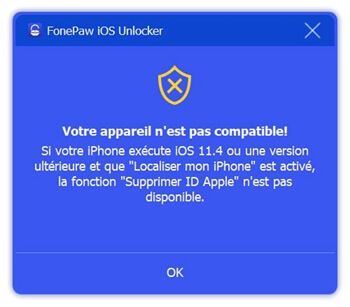 FonePaw iOS Unlocker indisponible lors de la fonctionnalité «Localiser» activée