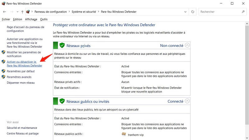 Activer ou désactiver le pare-feu Windows Defender