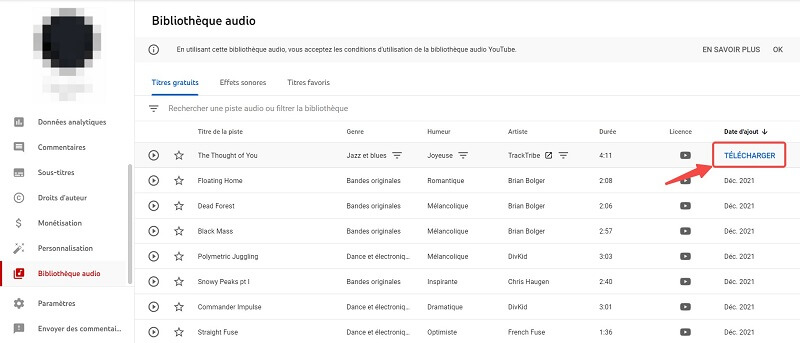 Télécharger les chansons gratuites sur YouTube Studio