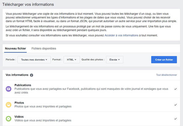 Créer un fichier de données de votre compte Facebook