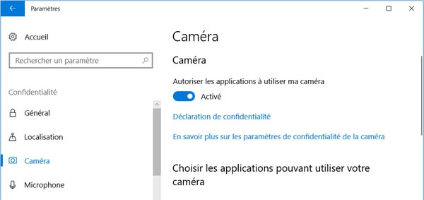 Autoriser les applications à utiliser ma caméra sur Windows