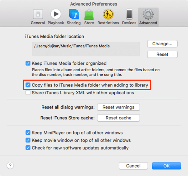 Go to iTunes Advanced Settings