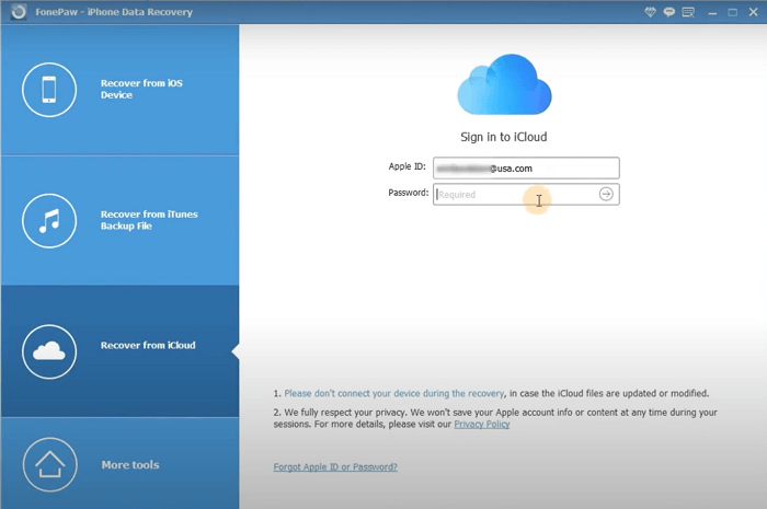 Log in to iCloud Account for Accessing Backup File