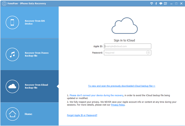 Log in to iCloud Account via FonePaw iPhone Data Recovery