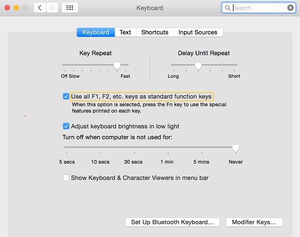 Keyboard Settings on System Preferences
