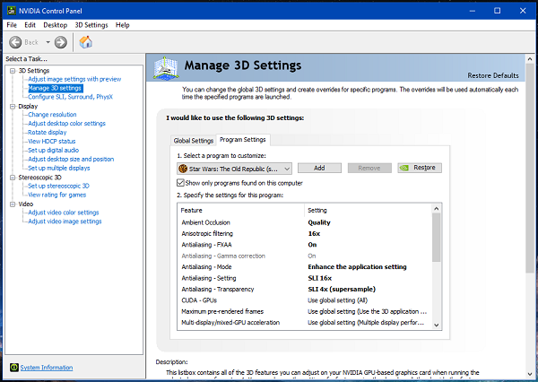 nvidia control panel manage 3d settings program settings