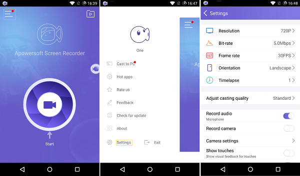 Android Record App Settings