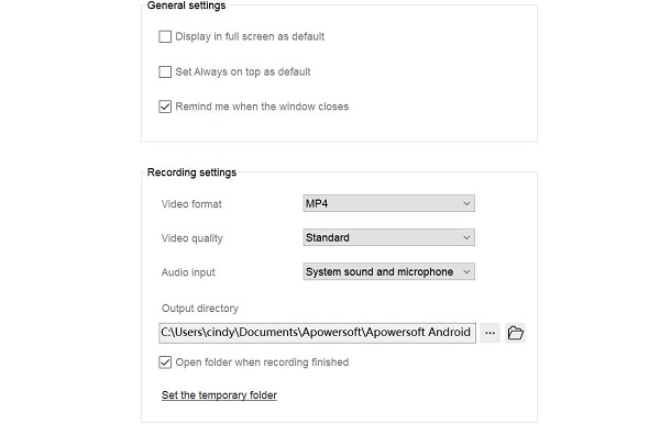 Android Record Configure Settings