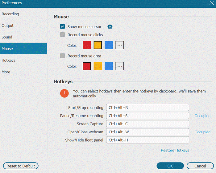 Mouse Settings on FonePaw Recorder