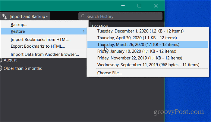 Restore FireFox Bookmarks from Previous Backup
