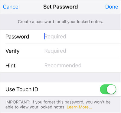 Set Notes Password in iOS 11/12