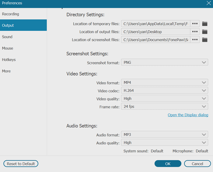 Output Settings on Recorder