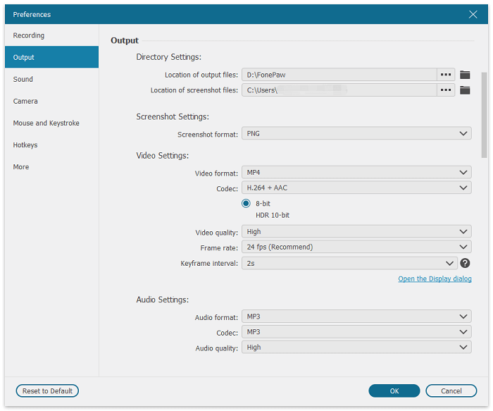 Output Preference Settings