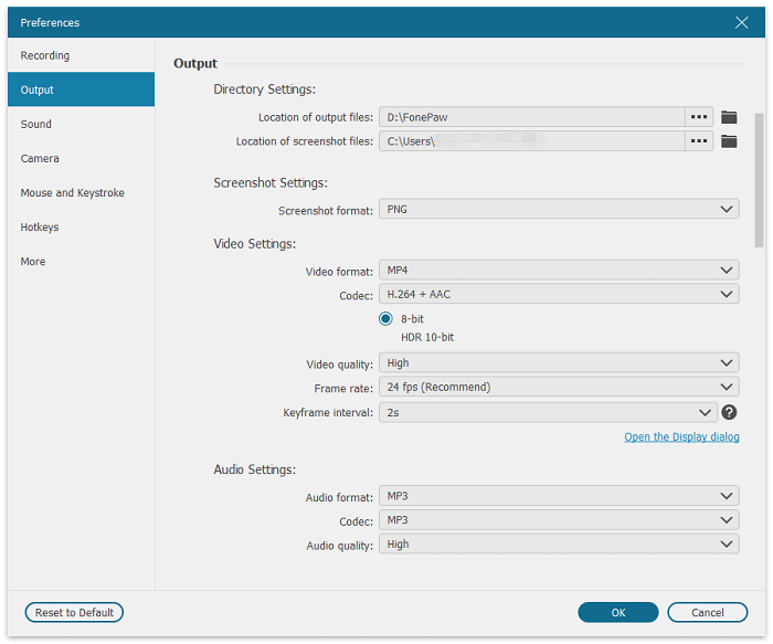 Configurações de gravador