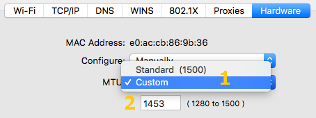 Change MTU to Custom and Set to 1453