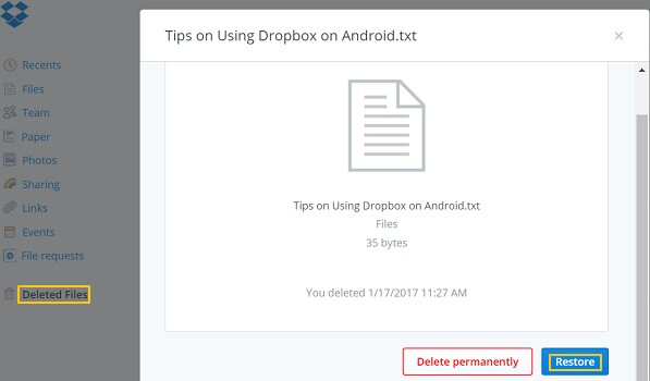 dropbox restore deleted files