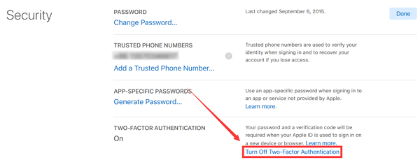 Turn off Two-Factor Authentication