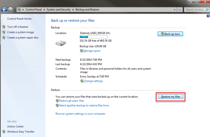 Windows 內建備份檔案復原資源回收筒