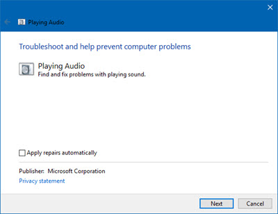 Playing Audio Troubleshooter on Windows 10