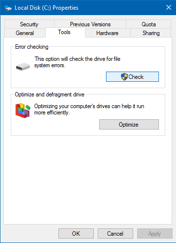 Run Windows Default Tool for Error Checking