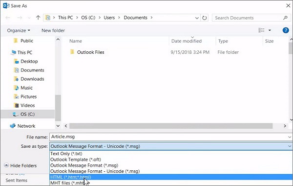Save Outlook Email As HTML TXT Files