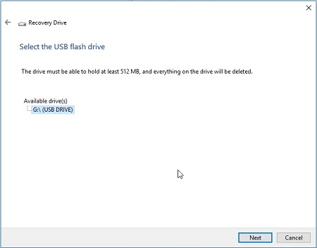 Select USB Drive for Recovery Drive