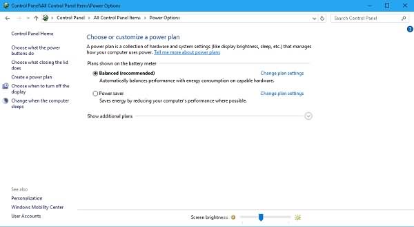 Windows Power Options