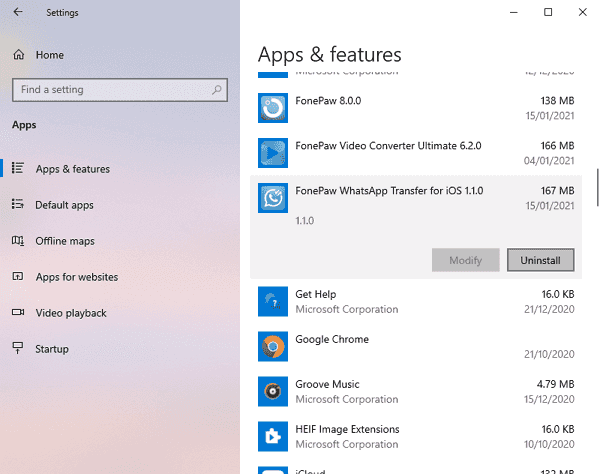 Uninstall Under Apps & features