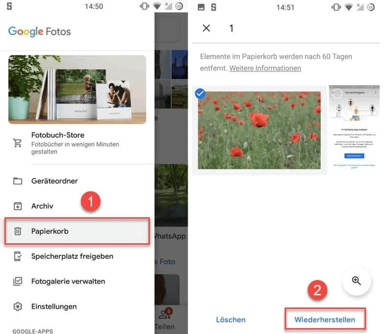 Android gelöschtes Fotos retten von Google Fotos