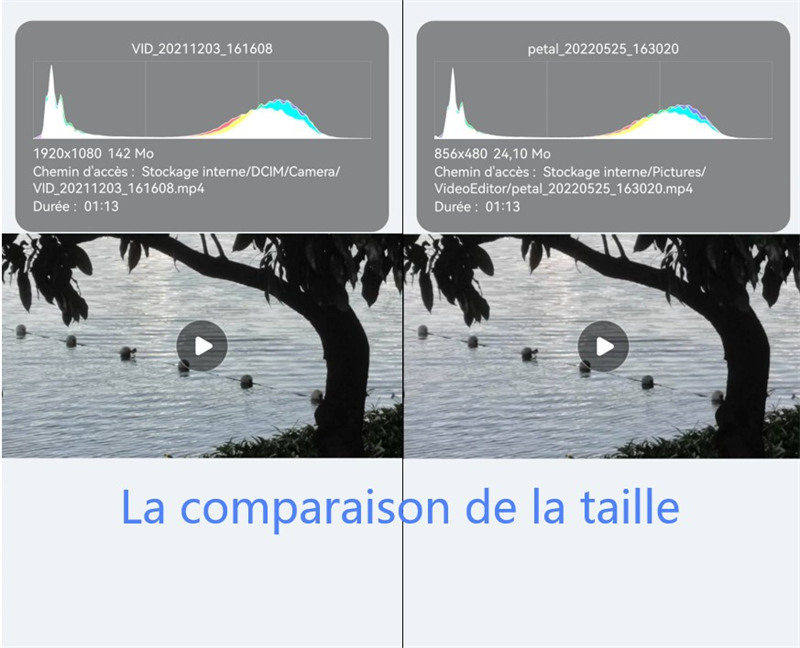 la comparaison entre la vidéo compressée et l'ancienne vidéo sur Android