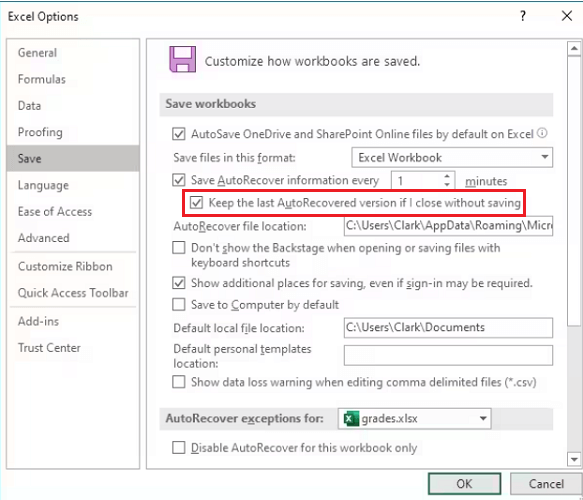 Enable AutoRecover in Excel