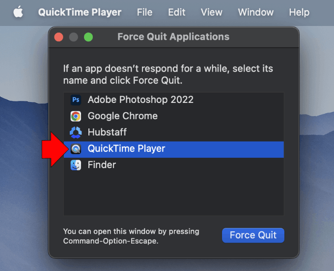 Force Quit QuickTime Player