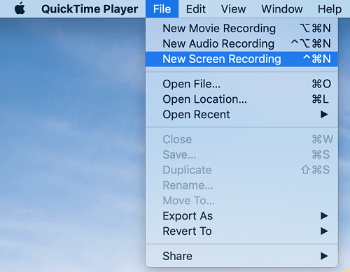 Create New Screen Recording QuickTime Player