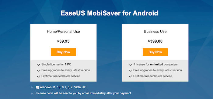 Pricing of Mobisaver for Android
