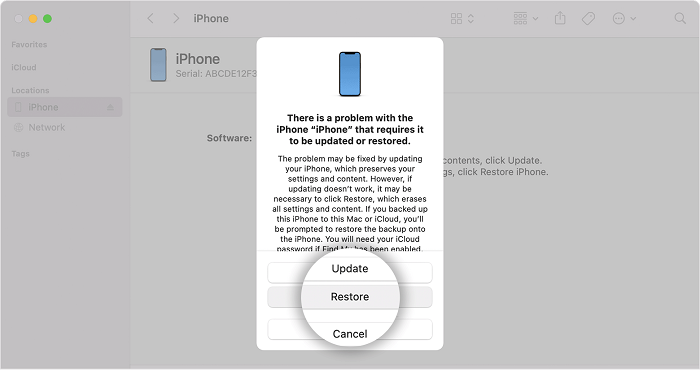 Restore to Unlock iPhone in Finder