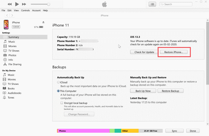 Restore iPhone from iTunes Backup