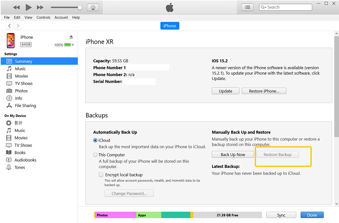 Recover from iTunes Backup Interface