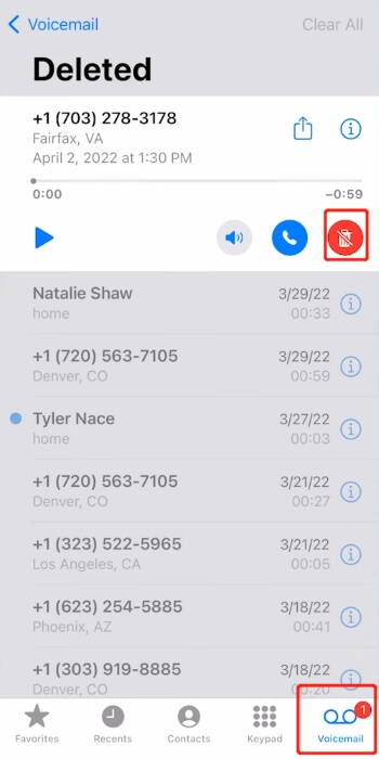 Undeleted Voicemail in Phone App
