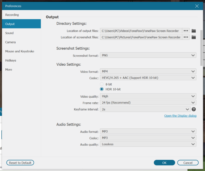 Preferences Output